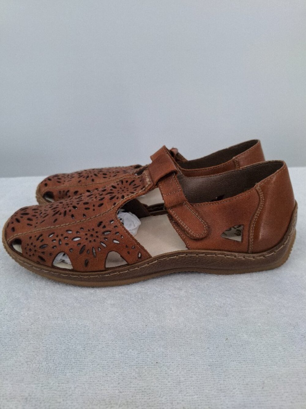 Rieker Shoes Womens 41 Anti-Stress Floral Cut Mary Jane T-Strap Brown Leather - Picture 5 of 16